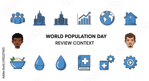 Icons surrounding text reading WORLD POPULATION DAY REVIEW CONTEXT featuring people buildings and resources