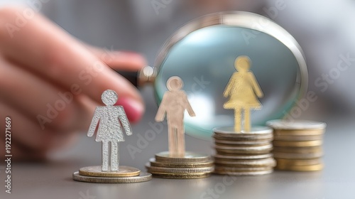 Gender Pay Gap Concept with Coins and Magnifying Glass Focus
