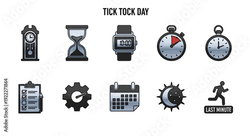Ten time and schedulerelated icons arranged in two rows under the heading TICK TOCK DAY