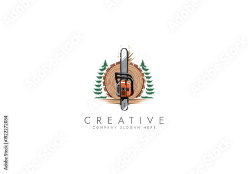 Chainsaw cutting tree trunk logo vector design