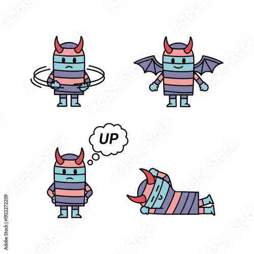 Cartoon devil character in various poses with emotions on white background