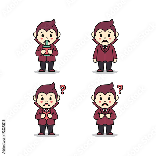 Cartoon man in red coat showing different emotions with question marks and objects
