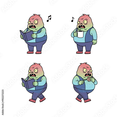 Cartoon character singing and playing music with sheet music in a fun and playful style