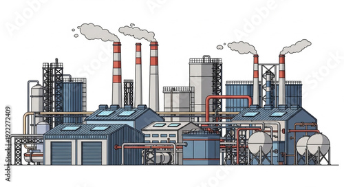 Industrial complex with smokestacks and various factory buildings emitting pollution into the air.