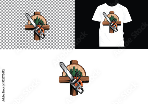 Chainsaw cutting tree trunk logo vector design