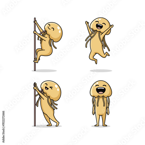 Cartoon character exercising and smiling with copy space