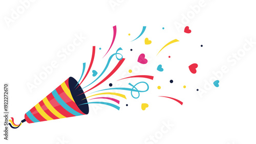 Colorful party popper celebrating an event with vibrant confetti, hearts, and streamers exploding from a cone.