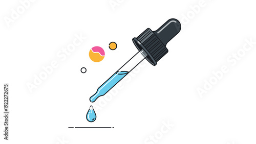 Medical or cosmetic dropper releasing a single drop of blue liquid against a clean white background with abstract circles.