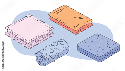 Household cleaning supplies set including several folded cloths, a blue sponge, and a patterned cleaning roller.