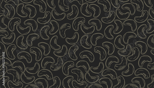 Cashew Seamless Pattern. Hand Drawn Nut Illustration. Minimal Outline Vector. Frame and Background Design.