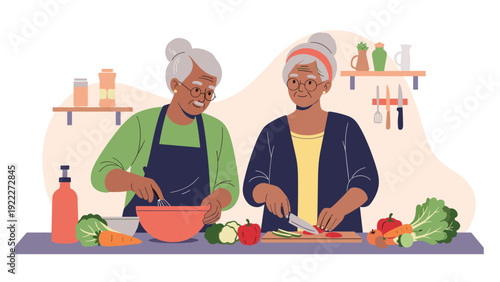 Two elderly women enjoying time together while cooking healthy meals with fresh vegetables in a cozy home kitchen.