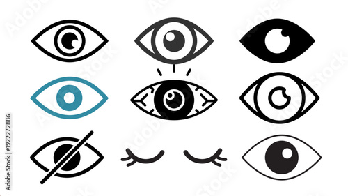 Set of eyes vector illustration featuring black iris icons and eyeball symbols for a vision logo design element representing sight and beauty