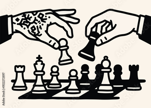 Two Hands Moving Chess Pieces Illustration Creative Design Template Background Vector