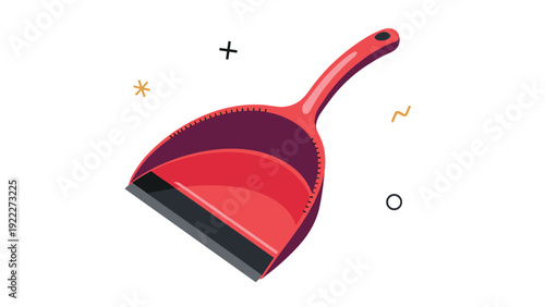 Red plastic dustpan with a black rubber edge and a handle shown in a simple vector illustration with abstract shapes.