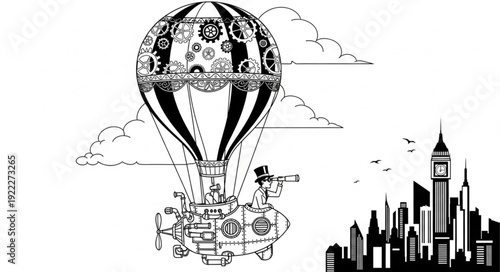Steampunk airship soaring above the city, a whimsical illustration of transport and adventure.
