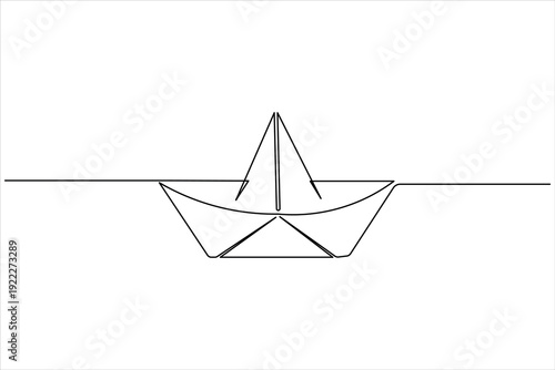 Paper boat floating on water waves continuous one line art style vector