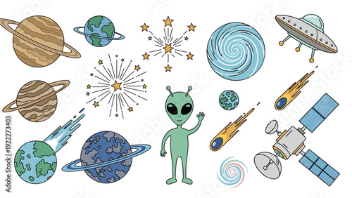 Various space objects like planets with rings, a comet, an alien, and a satellite in a playful doodle style.