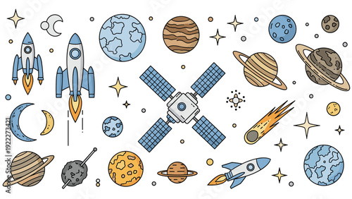 Educational poster or graphic with various celestial bodies, spacecraft, satellites, and space symbols.
