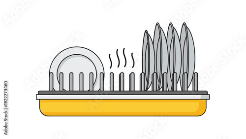 Kitchen dish rack filled with clean plates and drying water droplets on a bright yellow tray base.