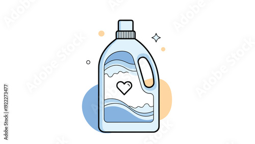 Laundry detergent bottle with wave patterns and a heart icon surrounded by abstract decorative circles and stars.