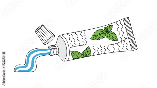 Squeezed tube of fresh mint toothpaste with a swirl of paste and green peppermint leaves for daily oral care.