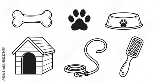 Collection of dog related items, including bone, paw print, bowl, house, leash, and brush.