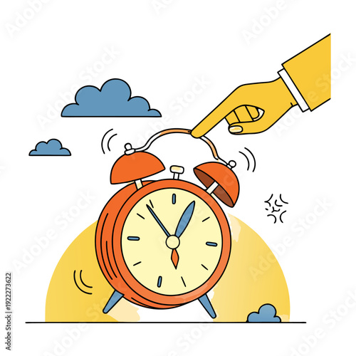 Stop the Alarm – Hand Silencing Ringing Clock Morning Vector Illustration.
