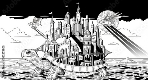 Fantasy castle on a giant turtle sailing the ocean under a celestial body.