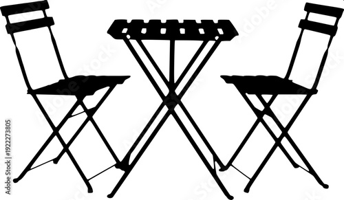 Flat black silhouette café terrace scene, two chairs and round table under striped umbrella, vintage lanterns suspended, potted plants on left and right, minimal graphic design, high contrast, SVG sty