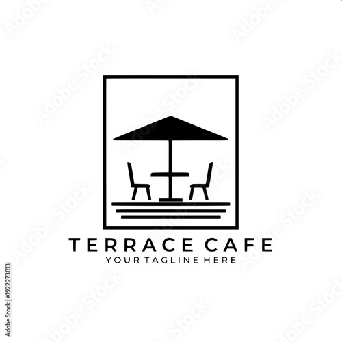 Flat black silhouette café terrace scene, two chairs and round table under striped umbrella, vintage lanterns suspended, potted plants on left and right, minimal graphic design, high contrast, SVG sty