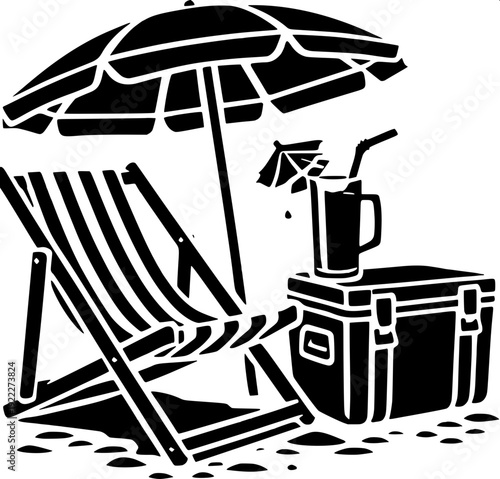 Flat black silhouette café terrace scene, two chairs and round table under striped umbrella, vintage lanterns suspended, potted plants on left and right, minimal graphic design, high contrast, SVG sty