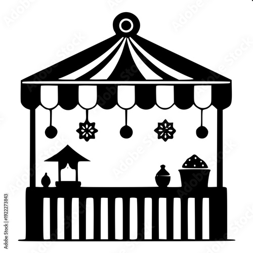 Flat black silhouette café terrace scene, two chairs and round table under striped umbrella, vintage lanterns suspended, potted plants on left and right, minimal graphic design, high contrast, SVG sty