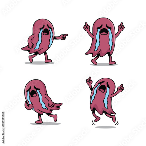 Cartoon crying blob characters dancing and expressing emotions in various poses