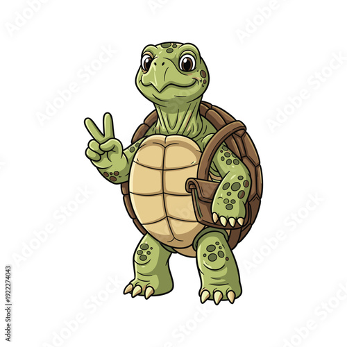 Cartoon turtle showing peace sign with handbag on shell