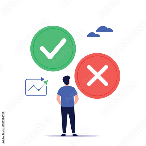 Decision making process showing a person choosing between right and wrong options represented by a green tick and a red cross mark.