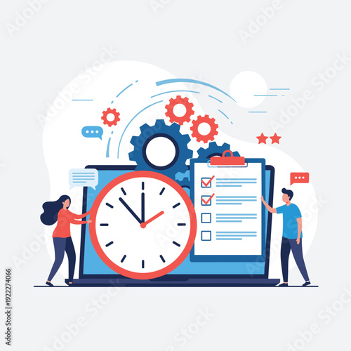 Project management and deadline tracking concept featuring business people working with a large clock and checklist on a computer screen.