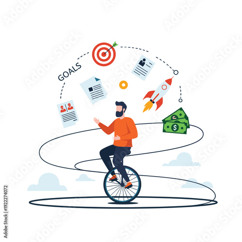 Professional multitasking and career goal pursuit shown by a man on a unicycle balancing various business objectives and responsibilities.