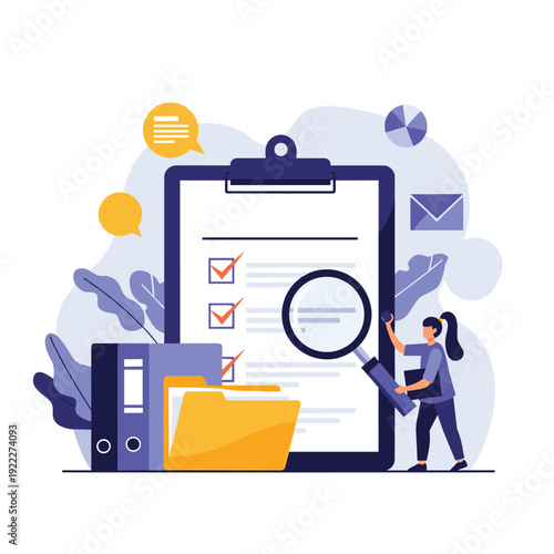 Business auditing and document search showing a professional woman using a magnifying glass to inspect a large checklist and file folders.