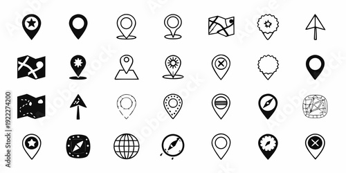 Collection of diverse black and white location and navigation icons