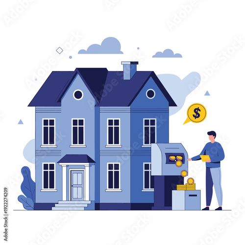 Real estate investment and mortgage payment concept featuring a homeowner using an automated teller machine next to a large blue house.