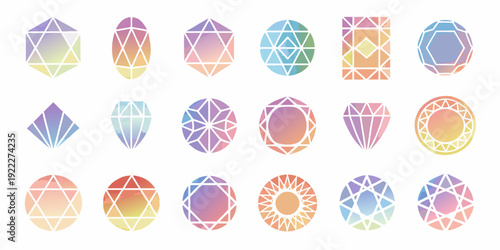 Colorful geometric shapes arranged in rows resembling jewels or crystals