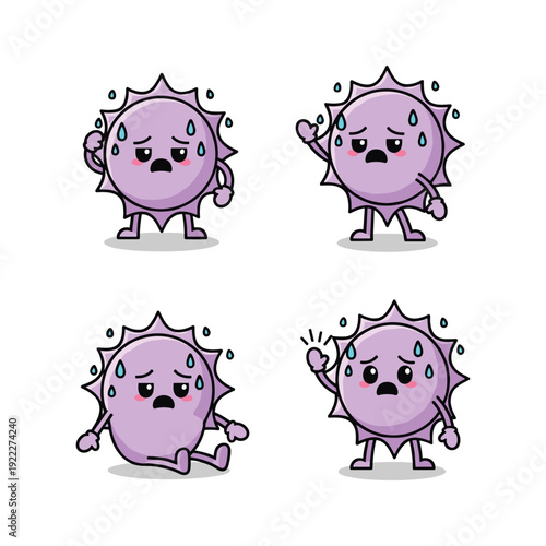 Sick cartoon virus characters showing various symptoms and emotions in a fun illustration style