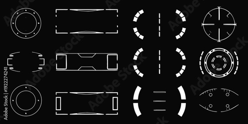 Collection of white optical lens diagrams on a black background