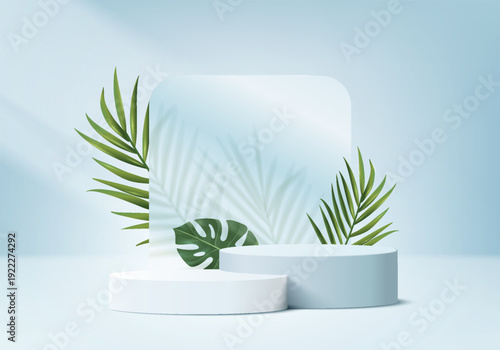 3d background platform with blue glass modern. Background vector 3d rendering crystal podium platform. stand show cosmetic product. Stage showcase on pedestal modern glass studio platform