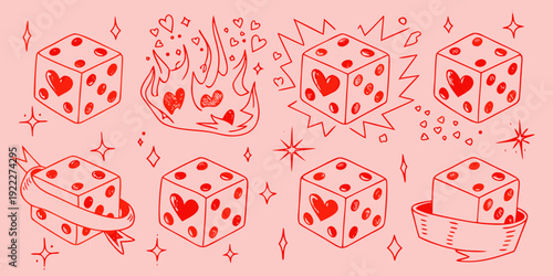 Red doodle illustrations of dice hearts flames and sparkling stars