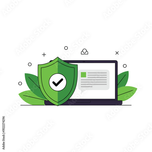 Cyber security and digital data protection concept showing a laptop screen protected by a large green shield with a checkmark.