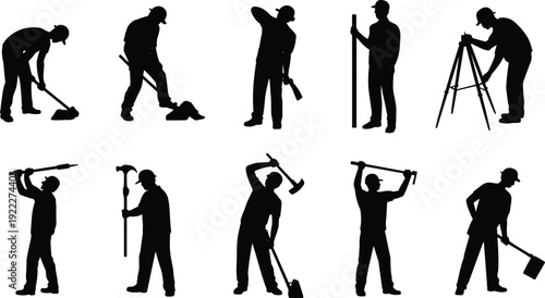 Construction and survey worker silhouettes set, builders digging measuring hammering isolated black shadow figures collection