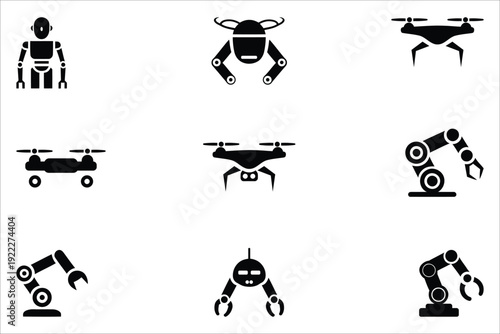 Collection of industrial and robotic icons featuring drones and mechanical arms