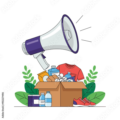 Purple megaphone positioned above a cardboard box filled with donation items including clothing, food, and medicine for charity.