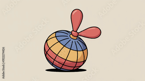 Colorful hot air balloon model with red propeller on beige background symbolizing travel and adventure